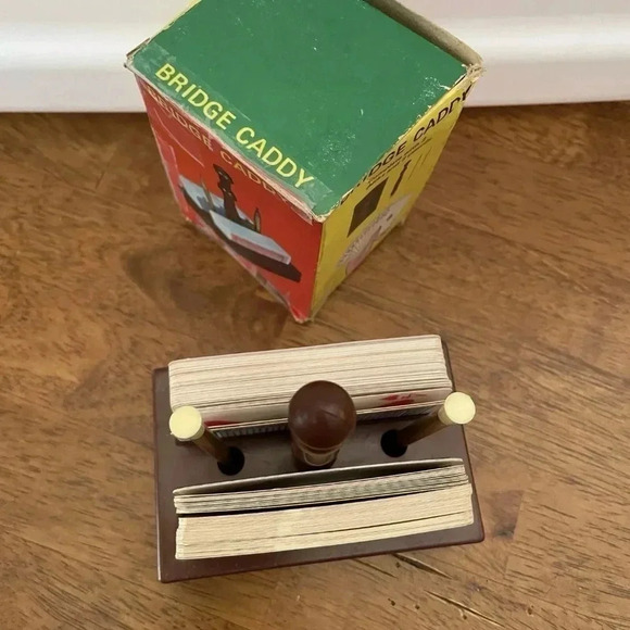 Vintage Bridge Caddy 2 Full Sets Of Cards 2 Unused Pencils Faux Wood Caddy - Picture 2 of 6